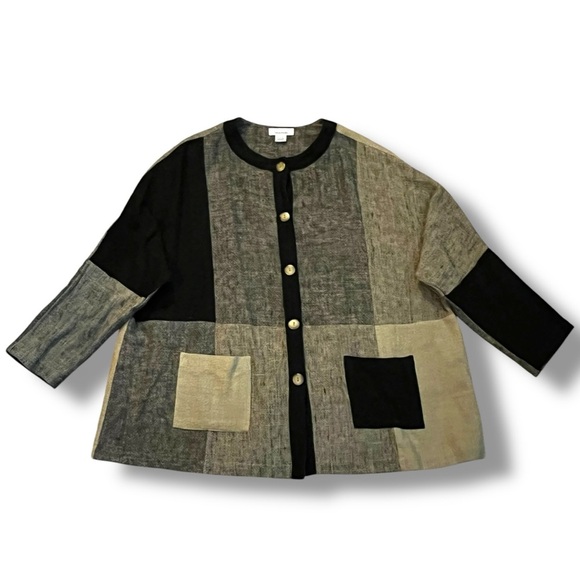Sangam Lagenlook Jacket Top Patchwork Button Up Pockets Minimalist Cotton Large - Picture 1 of 5